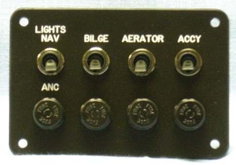 6003-02 FOUR SWITCH PANEL STOCK Panel features toggle switches and panel mount fuses. This unit is engraved with Nav/Anc Lights, Bilge, Aerator, and Accessory.