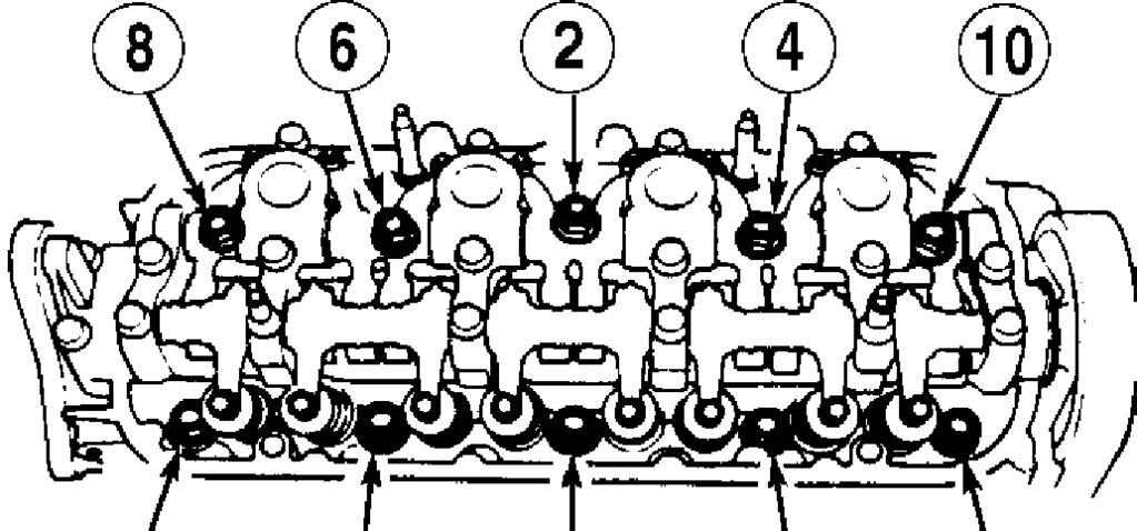 Fig. 7: Tightening Sequence For Cylinder Head Bolts (2.2L DOHC & 2.3L) Courtesy of American Honda Motor Co., Inc. Inspection (All Models) Ensure all mating surfaces are clean.