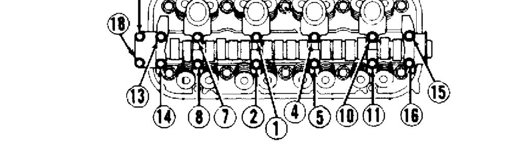 3) Position rocker shaft assembly onto cylinder head. Ensure all rockers align with valves. Tighten mounting bolts 2 turns at a time in sequence. See Fig. 10. Install back cover. Install pulley.