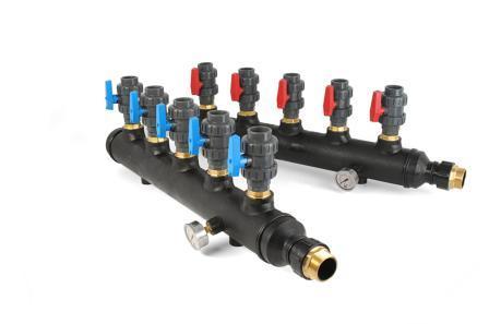 44 110mm GeoMeg manifolds 110mm headers for maximum flow capacity 2" brass header connections Union on each manifold All outlets are increased to 1¼" Brass threads 2 x fill and flush connections 0-10