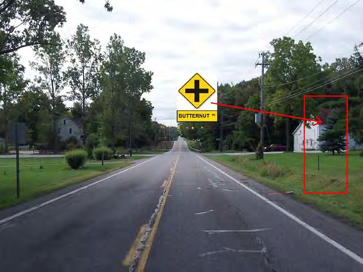 2. SR 44 SB: Remove existing Intersection Warning sign and name plaque and Install upgraded Intersection Warning (W2-1, 36 x36, 7286) and Name Plaque (W16-8P, 8 x36, BUTTERNUT RD, 7748) at field