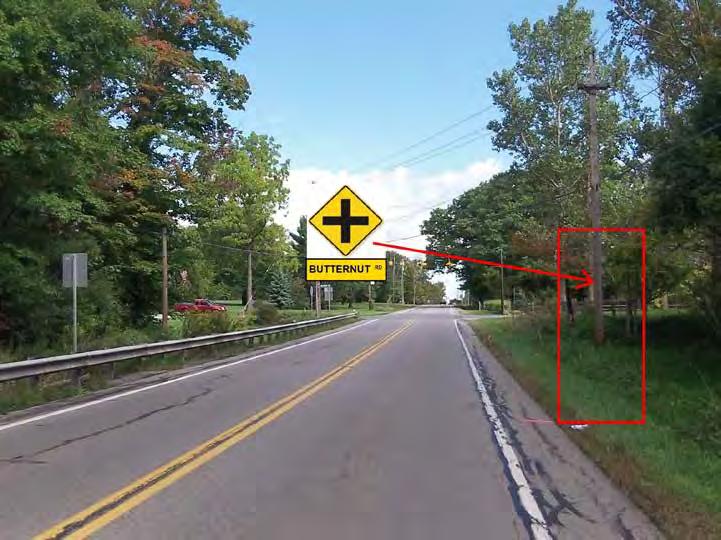 1. SR 44 NB: Remove existing Intersection Warning sign and name plaque and Install upgraded Intersection Warning (W2-1, 36 x36, 7286) and Name Plaque (W16-8P, 8 x36, BUTTERNUT RD, 7748) at field