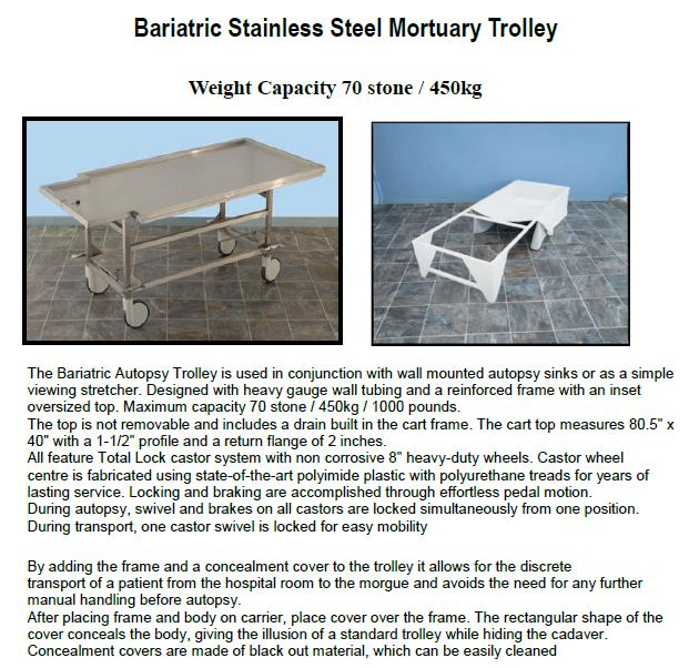 Stainless steel mortuary trolley SWL 70st/445kg 1st Call Mobility MPAC MPAC MPACC Stainless steel mortuary trolly SWL 70st/445kg - dimensions 2000mm