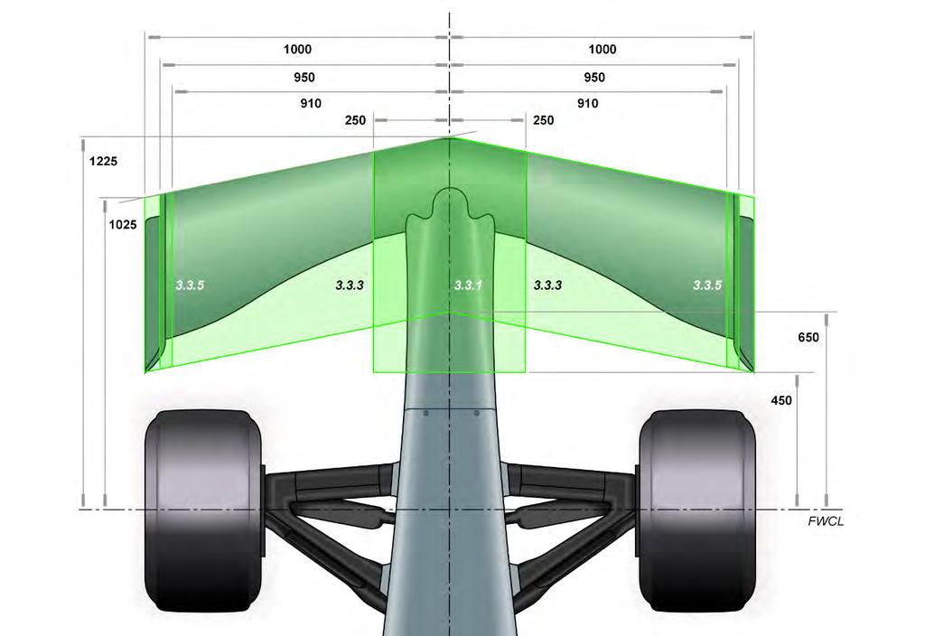 3.3.3 Overall dimensions All bodywork situated forward of a point lying 330mm behind the front wheel centre line, and more than 250mm from the car centre plane, must be no less than 75mm and no more