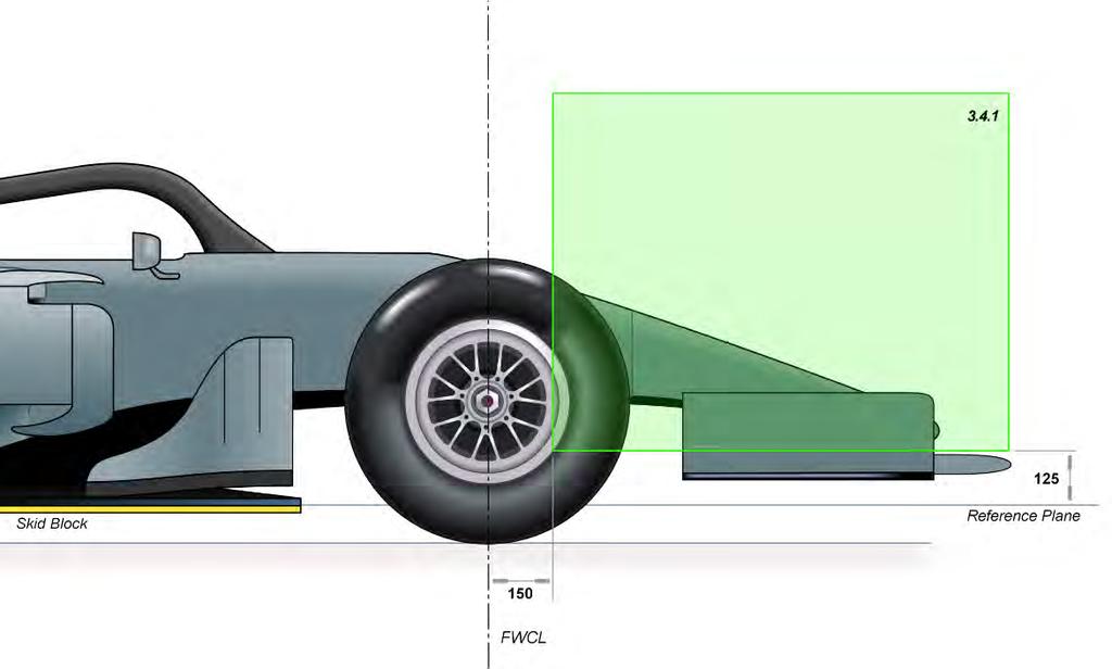 d) A transverse line 875mm forward of the front wheel centre plane. e) A longitudinal line parallel to and 165mm from the car centre plane.