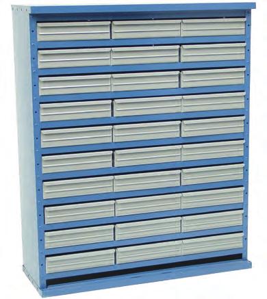 Steel drawers have a rear retaining lip to hold drawer in unit while contents are viewed/accessed.
