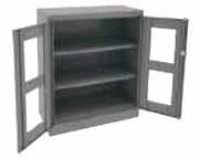 CABINETS COUNTER HIGH CABINETS Easy to assemble Three-point door locking mechanism Raised base keeps material safe Shelf support tabs allow for easy shelf adjustment Handle: 3-1/2" diameter recessed