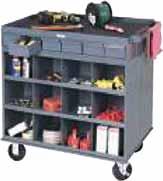 9-Drawer Cabinets HEAVY-DUTY 2-SIDED MOBILE CARTS/WORK STATIONS Two rigid and two swivel casters with locking brakes Sturdy tubular handle allows ease of mobility Rubber tray mat provides safe,