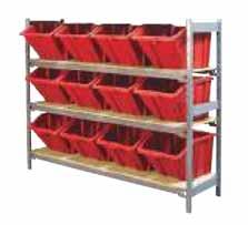 RACKING/SHELVING WIDE SPAN SHELVING WITH JUMBO PLASTIC BINS Ideal for storing supplies in warehouses or shops No bolt shelving system can be built quickly and easily 12-gauge steel posts and 13-gauge