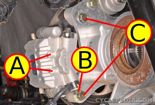 Install the two brake calipers mounting bolts (C) and tighten them to specification with a 12 mm socket. Tighten the pad pins (A) to specification with a 5 mm Allen wrench.