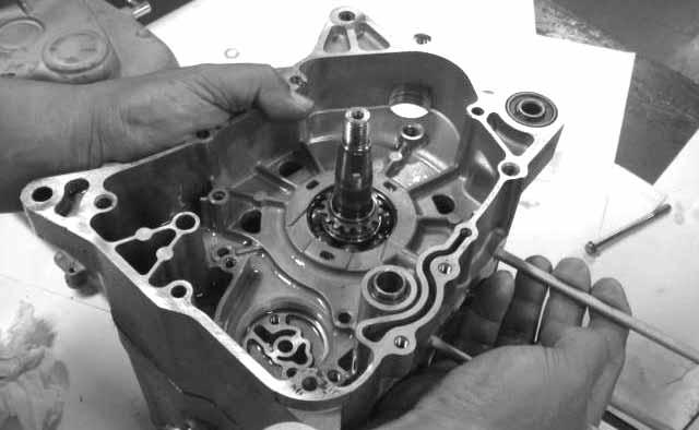 Remove the two right crankcase attaching bolts. Remove the left crankcase bolts.