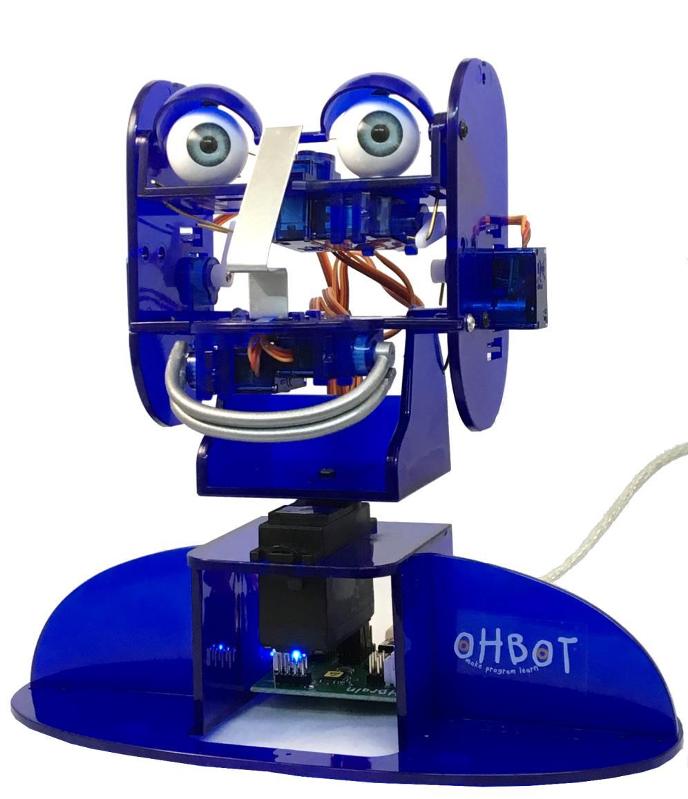 About Ohbot has seven motors. Each connects to the Ohbrain circuit board and this connects to a computer using a cable.