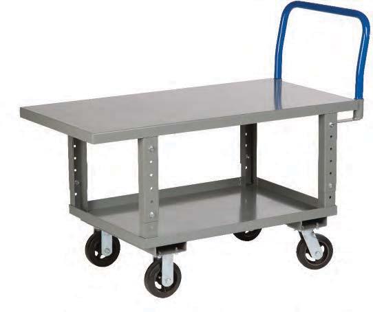 Work-Height Platform Truck with Lower Shelf 12 gauge steel top deck is raised to a comfortable work height to minimize bending and lifting thus reducing back strain.