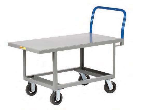 Work-Height Platform Truck with Open Base Comfortable 12 gauge raised deck reduces bending and back strain. Removable pushbar handle extends 14 above the deck.