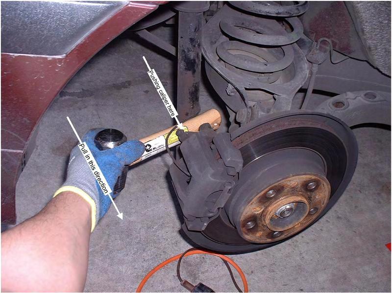 6 of 20 1/18/2010 9:15 PM Caution: If your brake fluid reservoir (in the engine compartment) is full close to the top, pushing the piston back into the caliper as stated above may overflow the