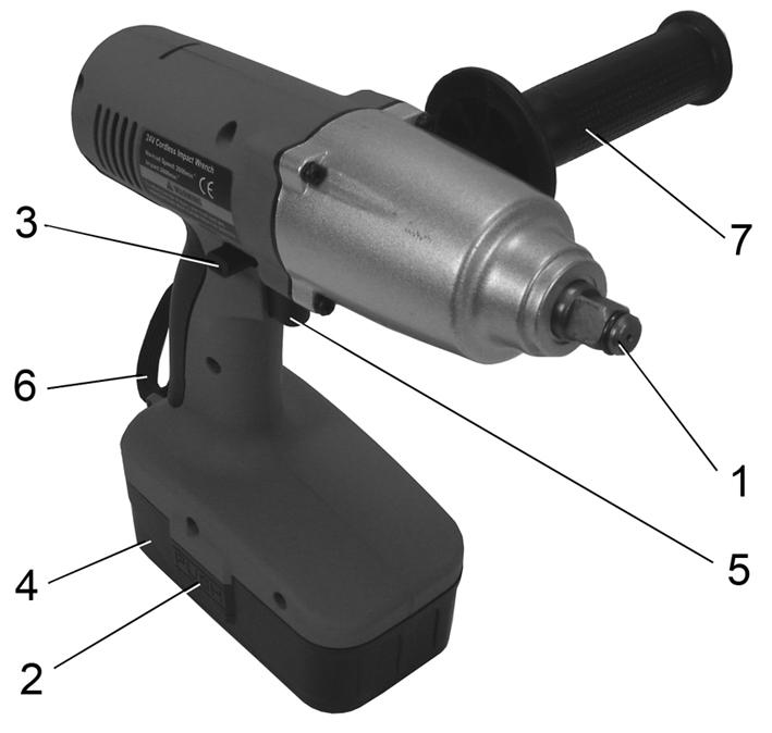 COMPONENT IDENTIFICATION 1. 1/2 Square Socket Drive 2. Battery Release Button 3. Forward/Reverse Switch-bar 4. Battery Pack 5. Trigger 6. Wrist Strap 7.