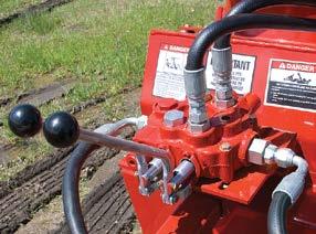 Two hydraulic cylinders on either side of the auger frame control the sideto-side wheel motion,