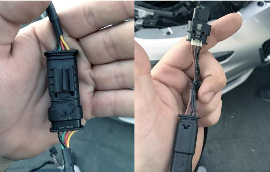 The JB4 system has 3 connections total: TMAP (Rainbow colored wires, 4 position connector) MAP (Brown colored wires, 3 position connector) OBDII (black wire, small 4