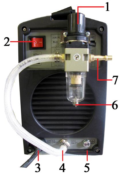 8 Connections for Plasma 30DV Rear Machine connections Fig 1 1. Air pressure regulating knob This regulates the air pressure as displayed in gauge on front of machine.