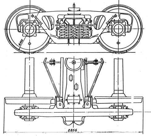 a b c Figure 7: Model 18 100 bogie: a general view, b central suspension scheme, c primary suspension scheme (1 wheelset; 2 side frame; 3 bolster; 4 braking leverage; 5 central pivot; 6 rigid side
