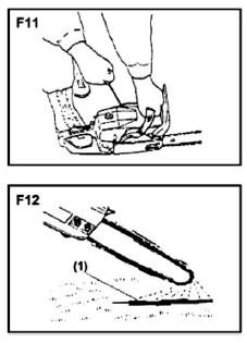 While holding the saw unit securely on the ground, pull the starter rope vigorously.(f11) Do not start the engine while hanging the chain saw with a hand.