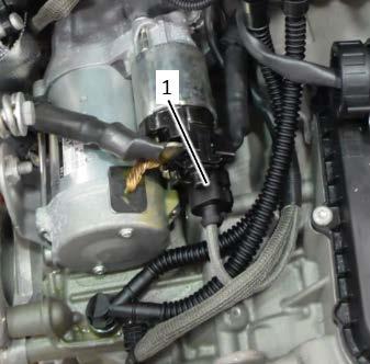 Route starter connector wiring around ventilation hoses as shown. Connect starter connector <1>. NOTE Engine shown removed for clarity.