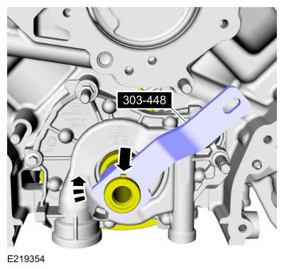 Use Special Service Tool: 303-448 (T93P-6303-A) Holding Tool, Crankshaft.