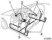 The SRS side airbag system consists mainly of the following components, and their locations are shown in the illustration. 1. SRS warning light 2. Door side airbag sensor assemblies 3.