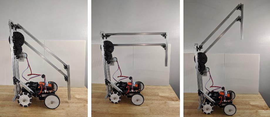 The assembled 4-bar linkage arm in shown in the set of 3 pictures below, mounted to the practice bot.