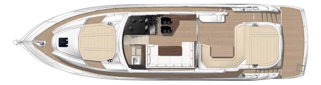 Main Deck Plan SHOWN WITH OPTIONAL TEAK SIDE DECKING, OPTIONAL 40" SALOON TV AND PACKAGE OPTIONS Sunloungers Helm station Cabinet with rise and fall TV Wet bar