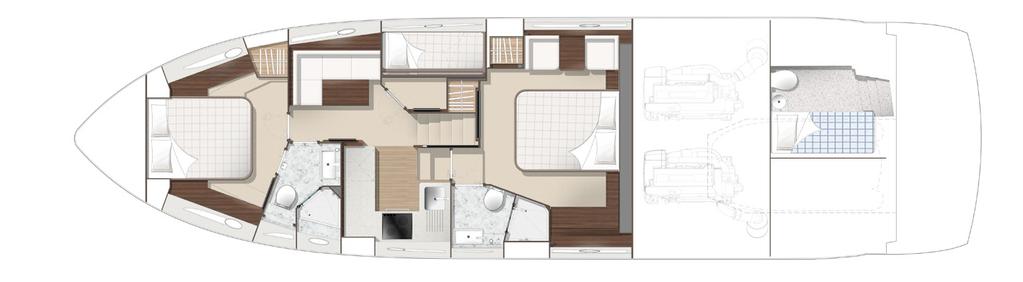Lower Deck Plan SHOWN WITH PACKAGE OPTIONS Forward VIP Guest Cabin Lounge and dining area Guest Cabin Stairs to Main Deck Owner s