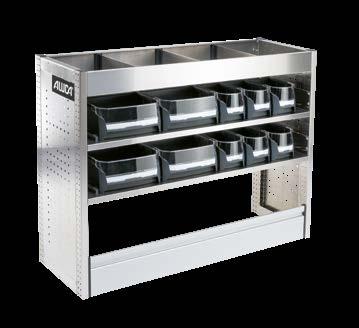 MODULE M116 1 x Shelf trough, high, with shelf bin separators 2 shelf bases: 6 x S-BOXX SB04-9, 1 x S-BOXX SBB04-9 1 x Bottom compartment with