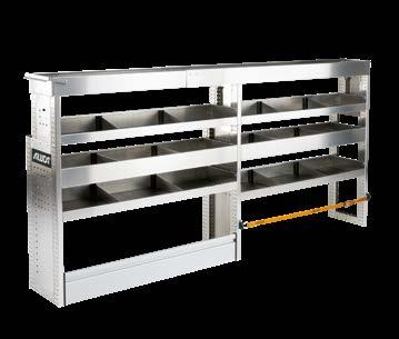 MODULE L107 1 x Long goods tray with finely grooved mat 2 x Shelf trough, high, with shelf bin separators 4 x Shelf trough, low, with shelf bin separators 1 x Bottom compartment with flap 1 x Lashing