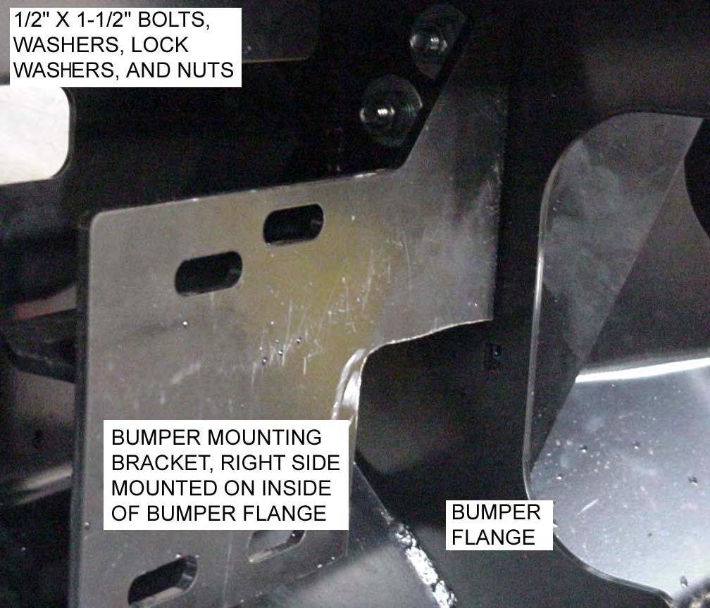 Figure 4b. Front bumper mounting bracket, Right side shown. 10. Using a floor jack and jack stands, or a couple of buddies, install the new bumper to the winch mounting plate.