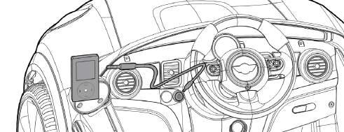 1. Plug one end of the audio input cable (included) into the audio input jack on the vehicle as shown. 2.