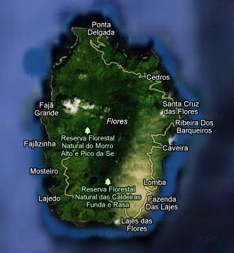 One of the islands of the Western group of the Azores It has an area of 143 km²