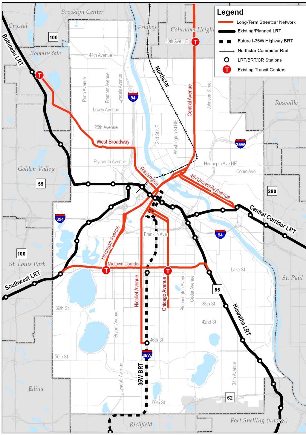 Study Context: Minneapolis Streetcar Feasibility Study (2007) 7 corridors recommended for long-term