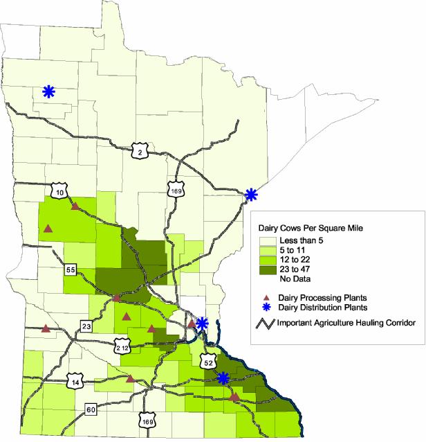 Figure A.9 Minnesota Dairy Production and Transportation Dairy production is concentrated in the central and southwestern portions of the State.