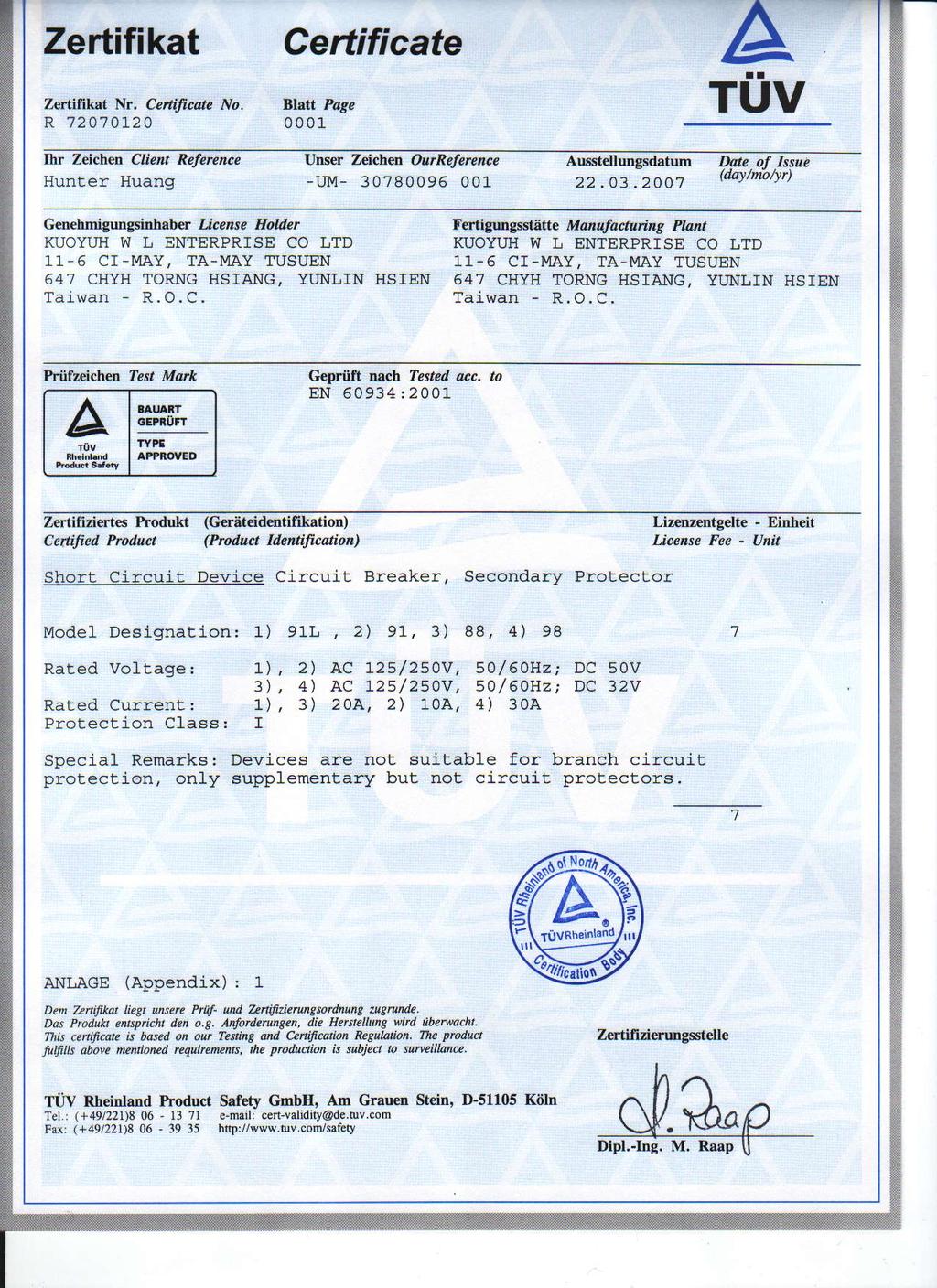 Zertifikat Certificate A Zertifikat Nr. Ceftifrcote No. R '7',7 AA Blatt Page 00