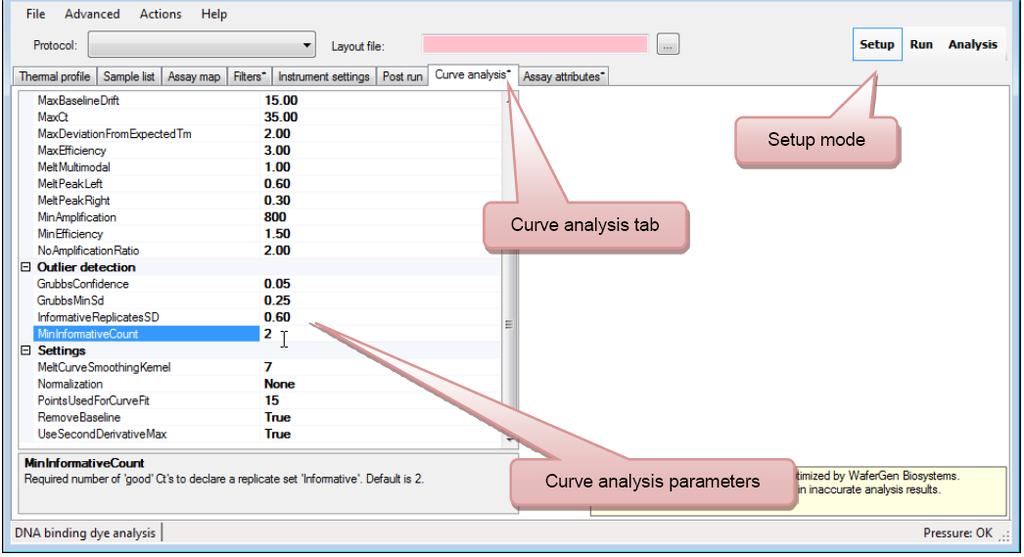 Curve analysis tab while in Setup mode. The parameters are listed in the display table below (Figure 107).
