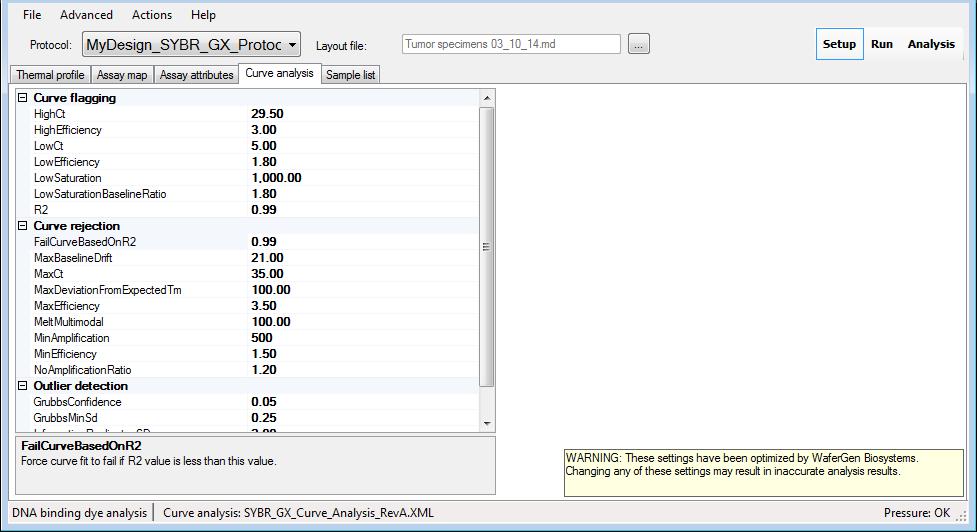7. Curve Analysis Tab Figure 28. Curve analysis tab. From the Curve analysis tab (Figure 28), you can view and change the curve analysis parameters from a SmartChip run.