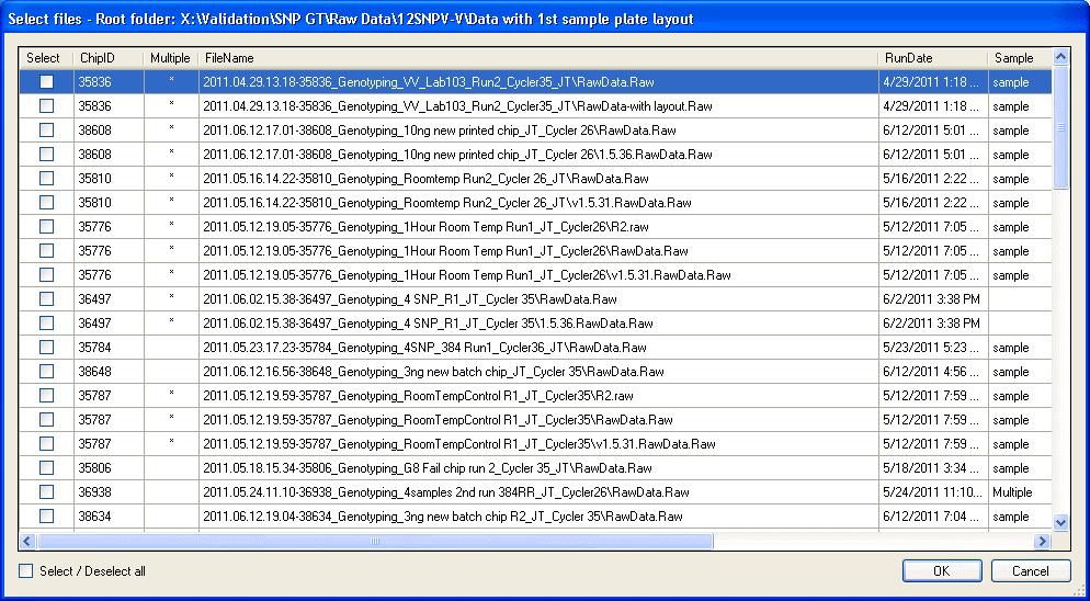 Figure 78. Example list of.raw data files available for upload into a study. 2. Genotyping Tab Once the data are loaded (at the end of an experiment, by opening a.raw file, or opening a.