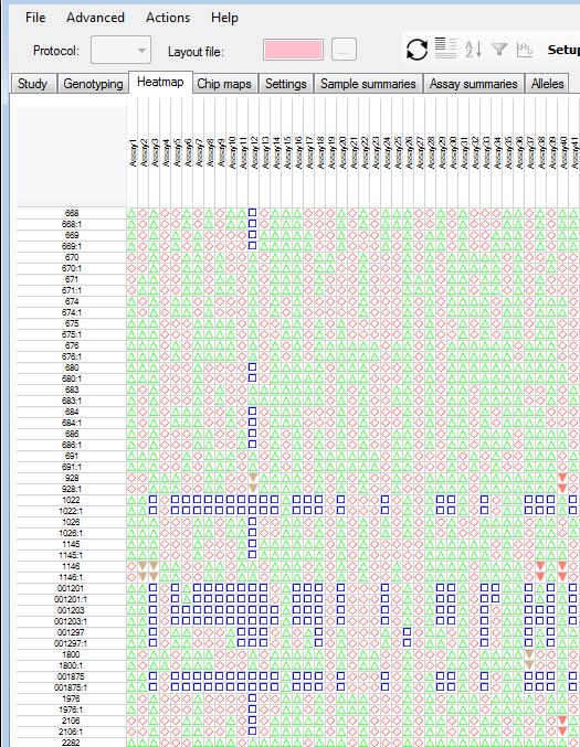 3. Heatmap Tab Clicking the Heatmap tab opens a study heatmap (Figure 81). The heatmap displays the sample genotype across the assays loaded into a study over a single or multiple SmartChip Panel(s).