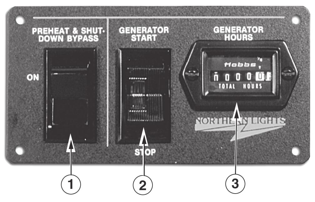 Control Panels 1. SHUTDOWN BYPASS-PREHEAT SWITCH Two functions are built into this switch: the preheating of the engine, and bypassing of the engine safety shutdown circuit.