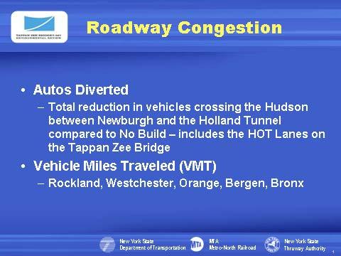 Slide 28 The VMT (vehicle miles traveled) levels shown here are for the peak AM period and cover a five-county area (Rockland, Westchester, Orange, Bergen, and Bronx Counties).