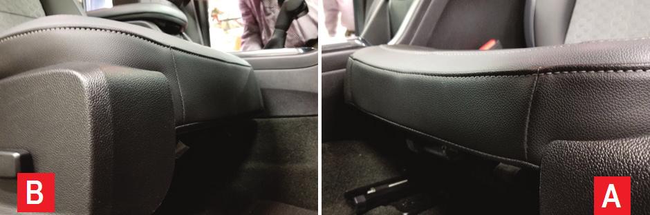 Using the power tilt function, the driver s seat cushion will appear similar to the passenger s seat cushion when both are fully raised. A. Driver s seat fully raised B.