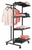 Designer 400 Series Versatile merchandisers combine folded and hanging apparel for maximum display of matching sets. Fixtures come complete with black frame, brackets, hangrails, shelves and casters.