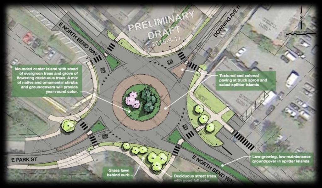 Roundabout, including landscaping, sidewalks and