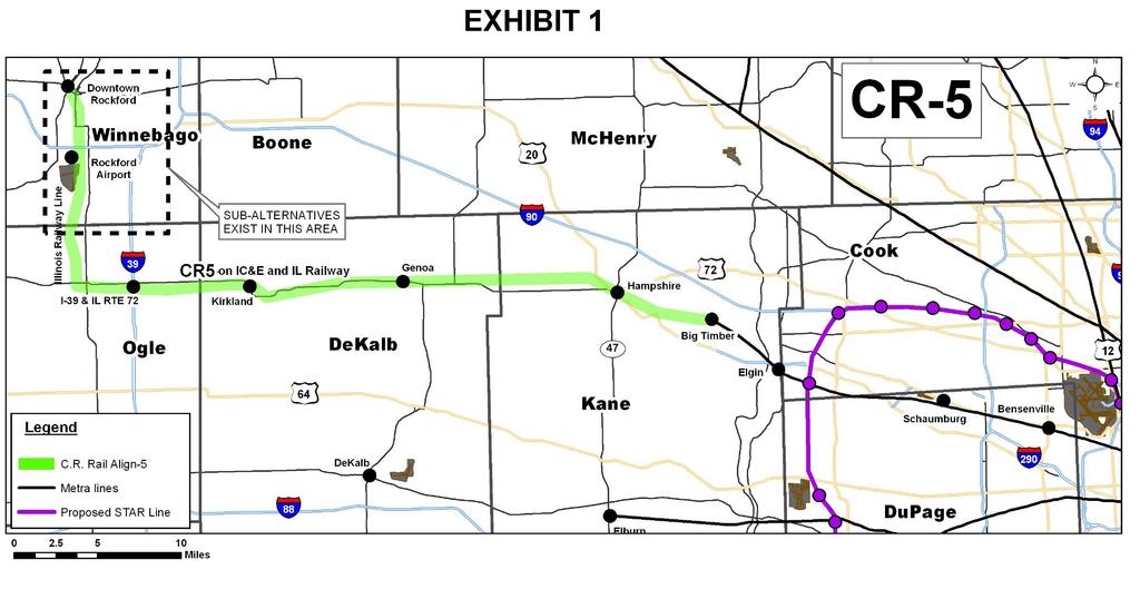 Alignment: CR-5 (52 miles) Two sub-alternatives at West End: Sub-Alternative A Rail to airport terminal and downtown Sub-Alternative B Rail to downtown /