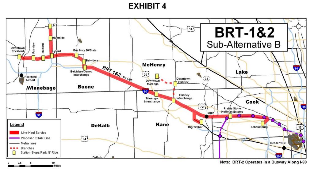 Alignment: BRT1 & 2-Sub Alternative B: Via US Business Highway 20 / East State Street (66 miles) Preliminary Stations: Downtown Rockford Downtown Belvidere Marengo/Huntley Branch: Downtown Marengo,